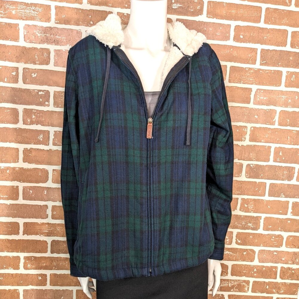 L.L. Bean Women's Green and Navy Plaid Zip Hooded Jacket with Sherpa Lining